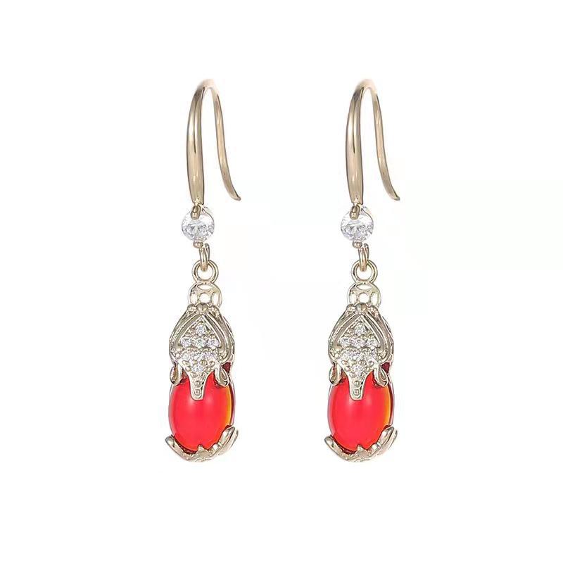 Elegant Women's Pixiu Earrings - French Style, Korean Design, Red Gem, Internet Celebrity Favorite.