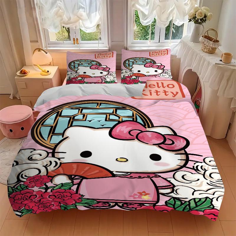 3pcs Ancient Style Hello Kitty Pattern Bedding Three-Piece Set (1 Cover + 2 Pillowcases, No Fillings), Soft and Comfortable W004