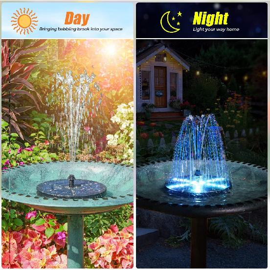 Solar Bird Bath Fountains Upgraded, 4W Solar Powered Water Fountain Pump with 7 Nozzles & 4 Fixers, 4000 Battery, 7 Colors LED Light for Garden,