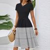 Women's Casual Fashion Belted Striped Printed Short Sleeve Round Neck Elegant Flowing Dress