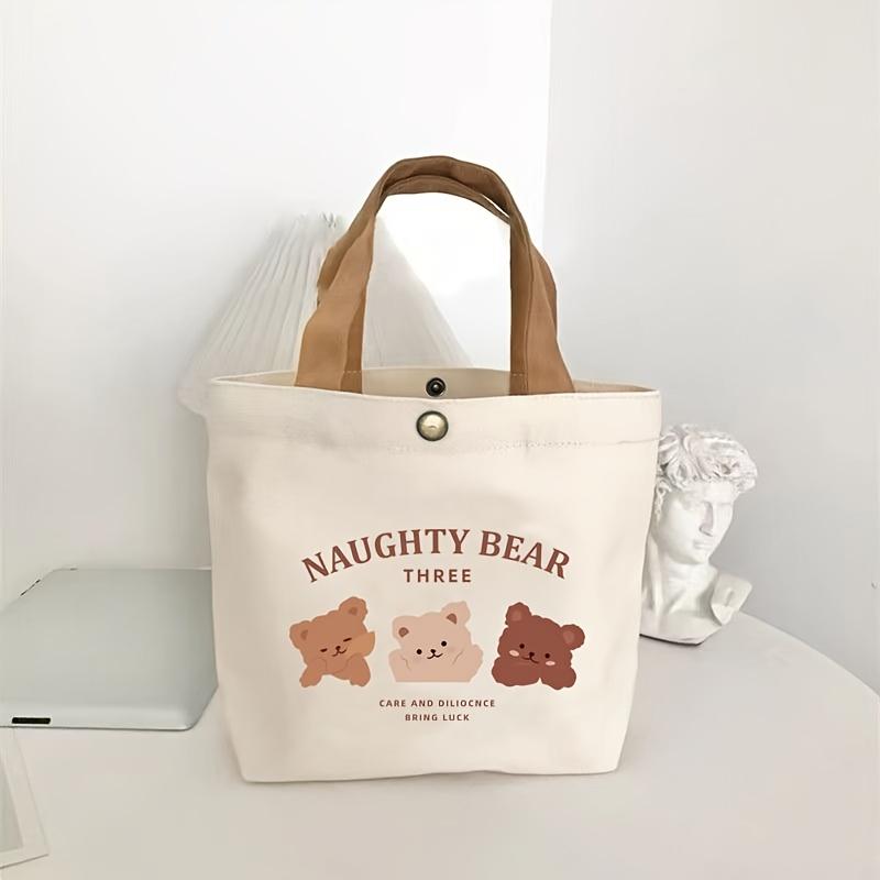 Canvas Tote Bag Mini Shoulder Bag with Cute Bear Buckle Closure, Casual Style, Tote Bag Durable Handle, Cute Tote Bag