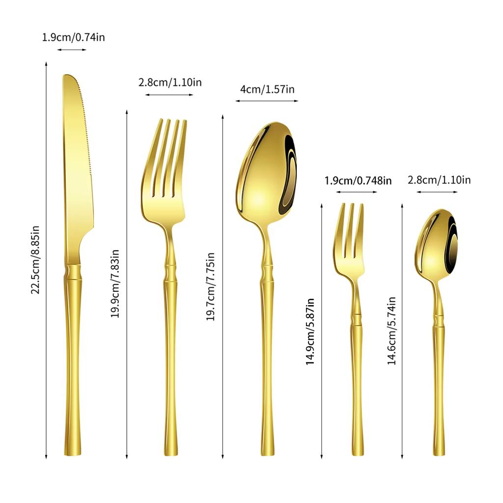 30pcs stainless steel luxury gold small waist western restaurant steak knife and fork set, suitable for Christmas, parties.