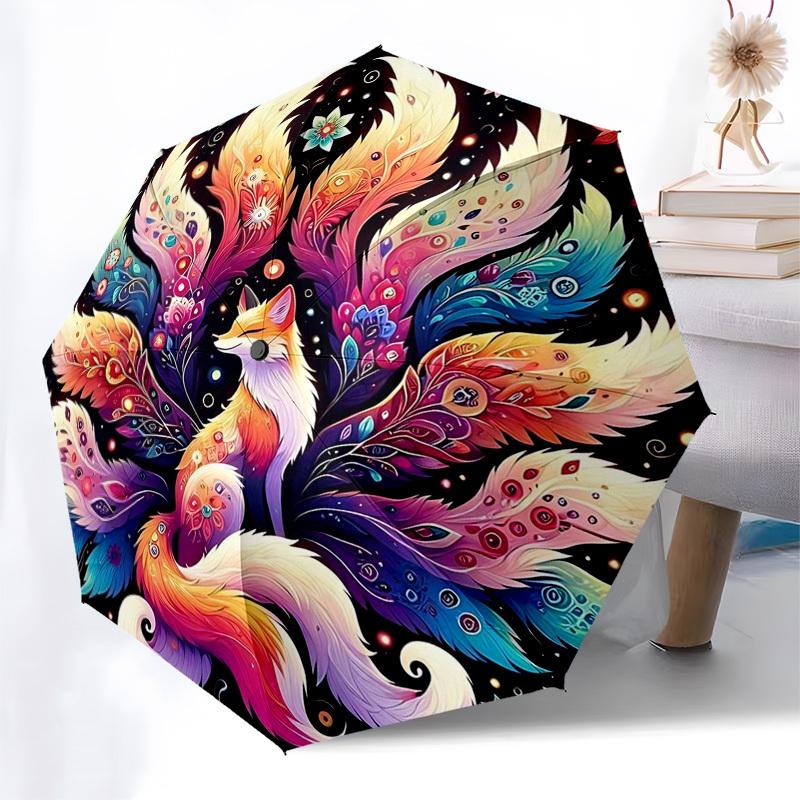 

1pc Colorful Feathered Fox Automatic Folding Umbrella - Portable 3-Fold Design with 8-Bone Iron Frame, Perfect for Outdoor Use, Festive Gifts, Travel,