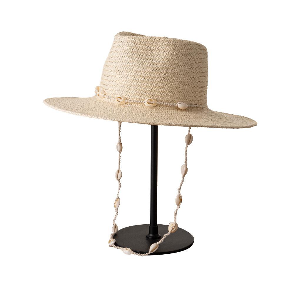 

Summer Panama Hats for women Sun Hat with Long Shell conch Chain Straw Hats Vintage Style Fedora Female Outdoor Travel Beach Hat бежевий