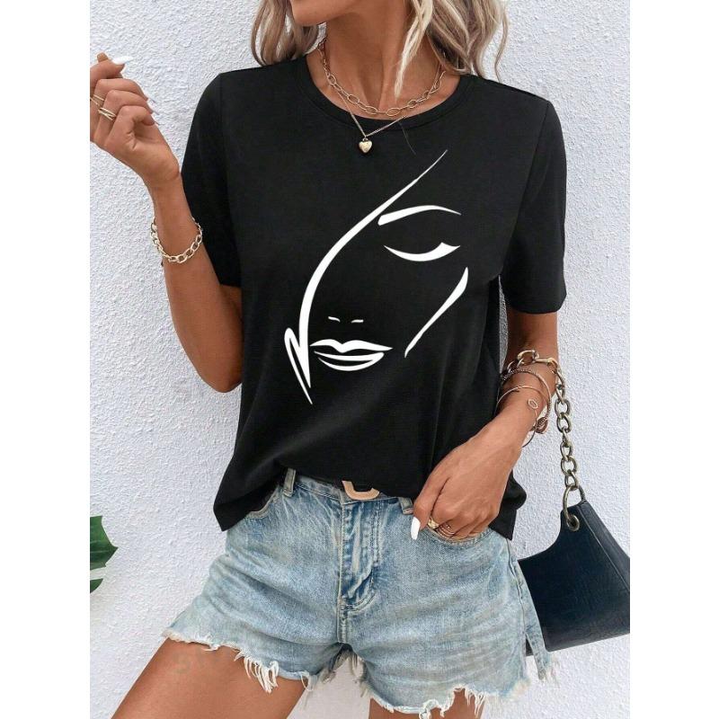 Summer Round Neck 3D Facial Depiction Pattern Print Top Fashionable Casual Short Sleeved Women's T-shirts