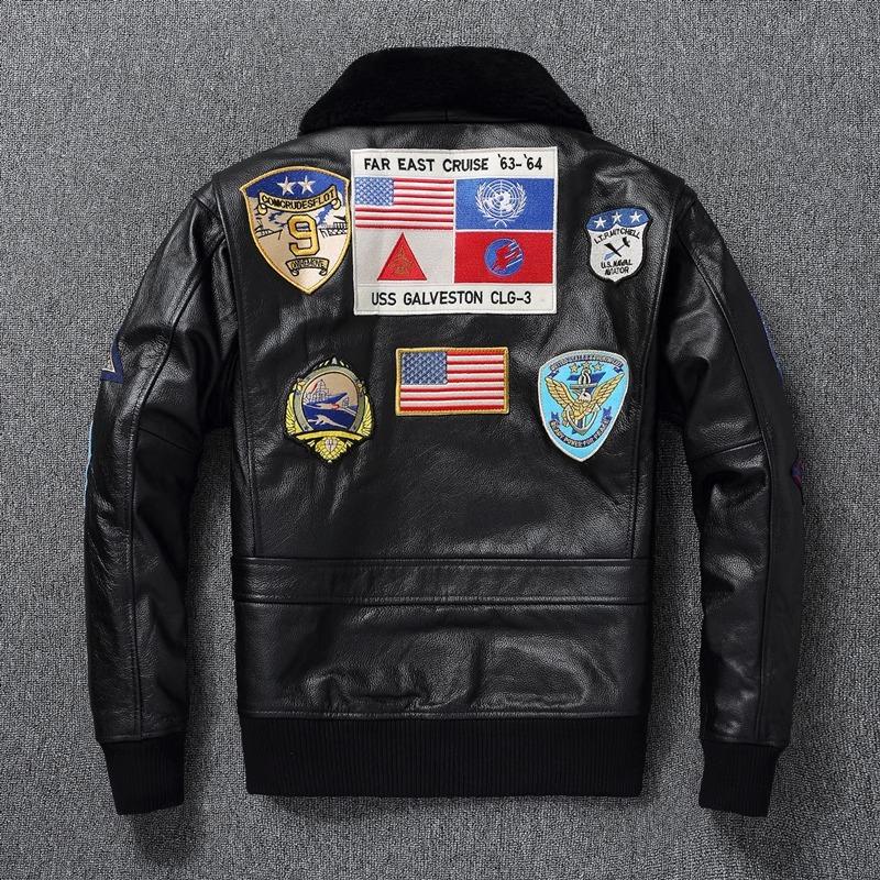 Chinese Size Men Genuine Leather Jacket Quilted Patches 100% Cowhide & Natural Fur Collar Flight Coat Aviator Clothing Winter