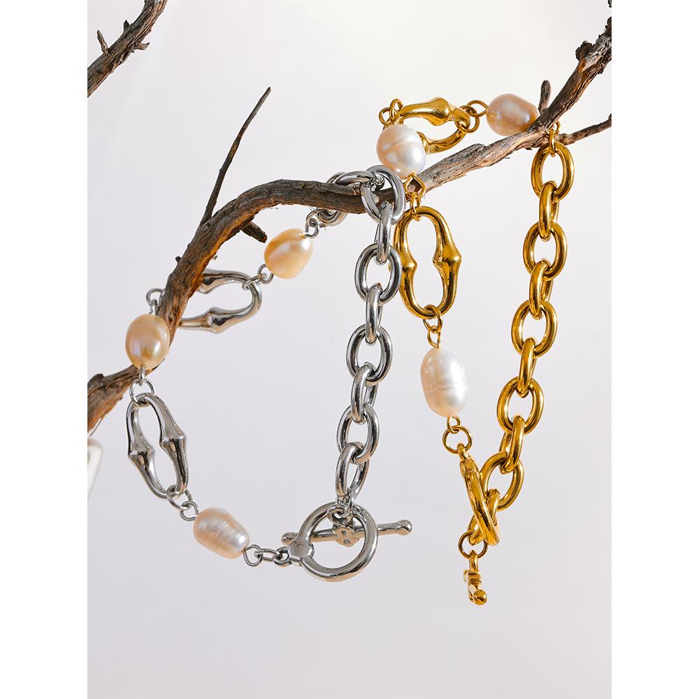 Yhpup 316l Stainless Steel Natural Pearl Chain Toggle-Clasps Bracelet Bangle for Women Elegant Fashion Jewelry Bijoux Waterproof