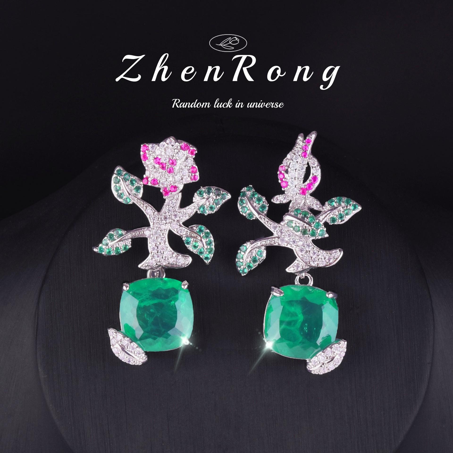 Elegant Women Jewelry Set Camellia Flower Earrings Necklace with Full Diamonds and Emerald Green Gemstone