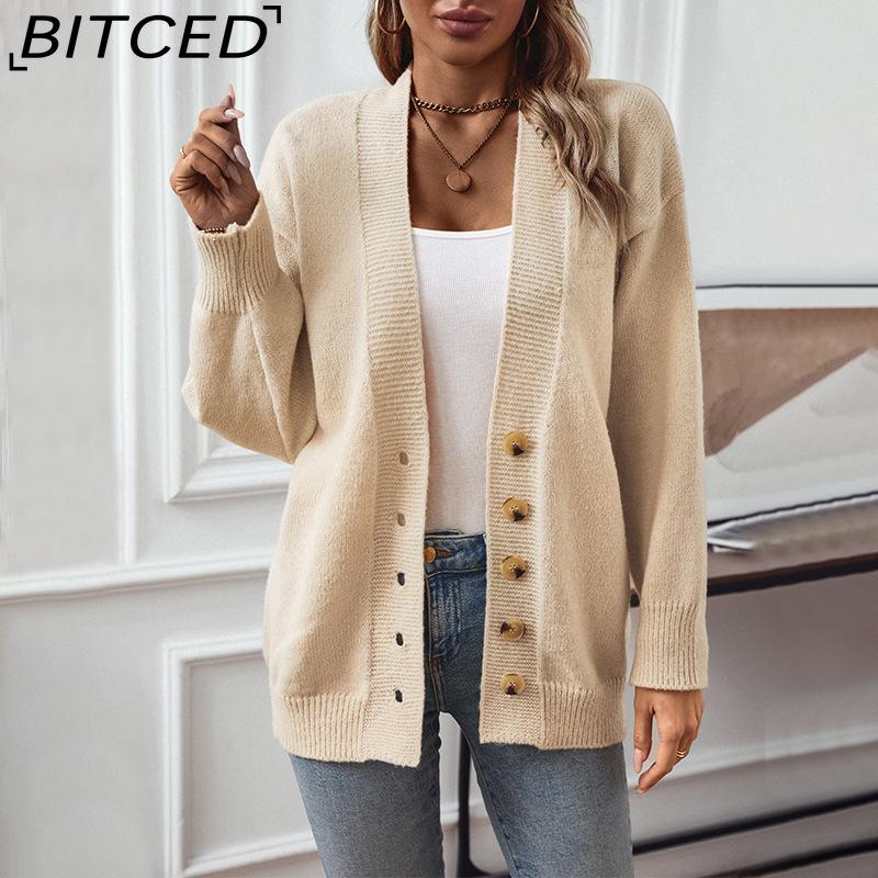 BITCED Elegant Knit Cardigan for Women - Autumn/Winter Solid-Color Single-Button Sweater Jacket