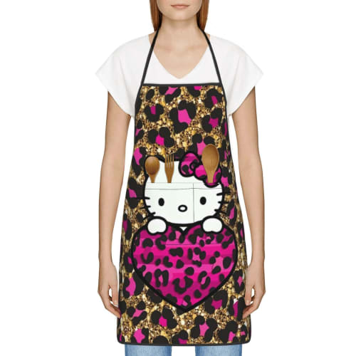 ZOOKISS Hello Kitty Leopard Print Apron, Cute with Two Pockets, Women's, Waterproof, Lightweight, Soft, Stylish, Stain-Resistant, Wrinkle-Resistant, S