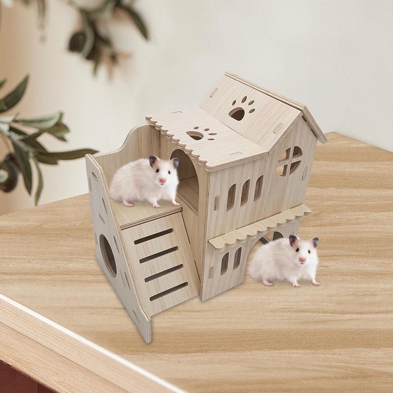 Large Hamster House Fun House Double-Decker Hut With Climbing Ladder Large Wooden Small Animals Pets Exploring Toys For