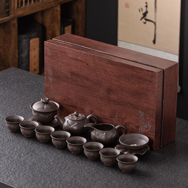 Light Luxury Purple Sand Kung Fu Tea Set, Household Cover Bowl Teapot Cup, High-end Elders, Gift Box Set