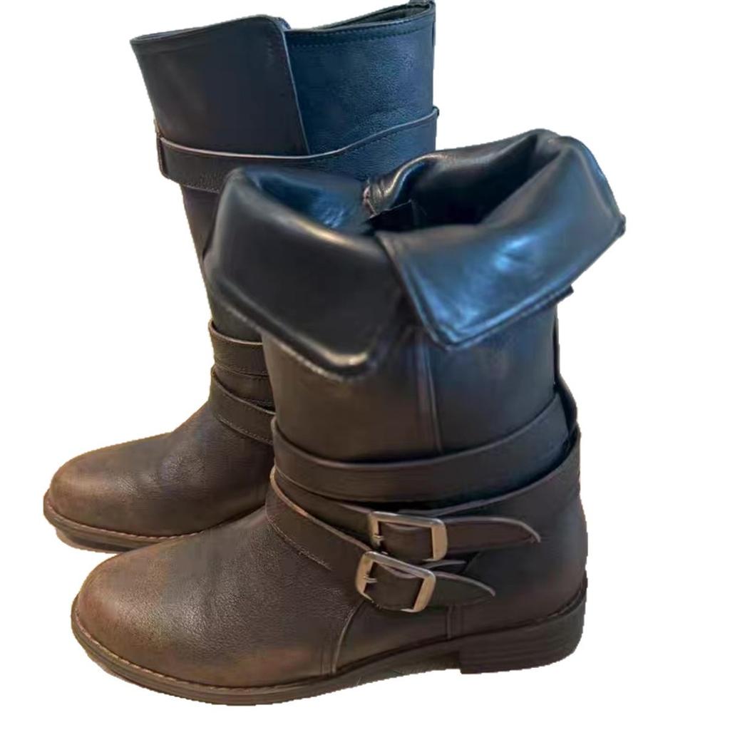 2025 new Korean version two-wear flanged leather western cowboy boots women's thick heel colored belt buckle medium tube knight boots