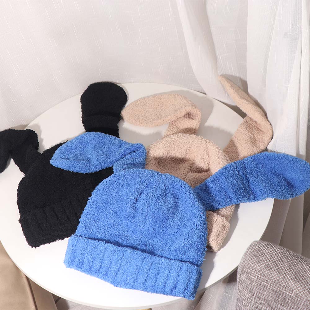 Knitted Women Beanie Hat Solid Color Plush Skull Cap All-match Rabbit Ear Hats  Streetwear