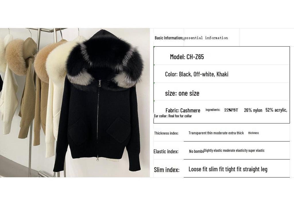 Korean Style Hooded Knit Cardigan with Large Genuine Fox Fur Collar - Luxurious Autumn/Winter Outerwear