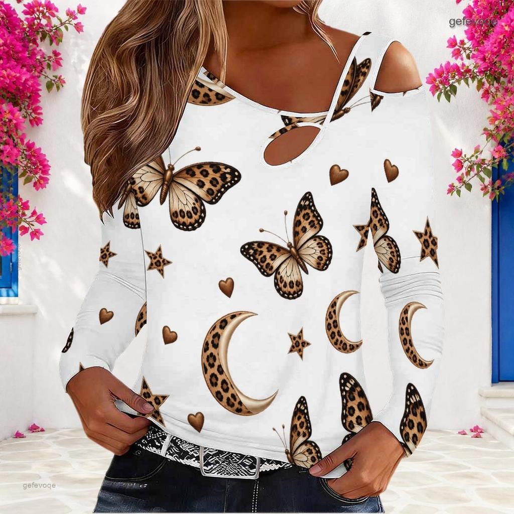 Women Plus Size Asymmetric Cutout Neck Cold Shoulder Long Sleeve White Leopard Belt Heart Star Printed Fitted Top