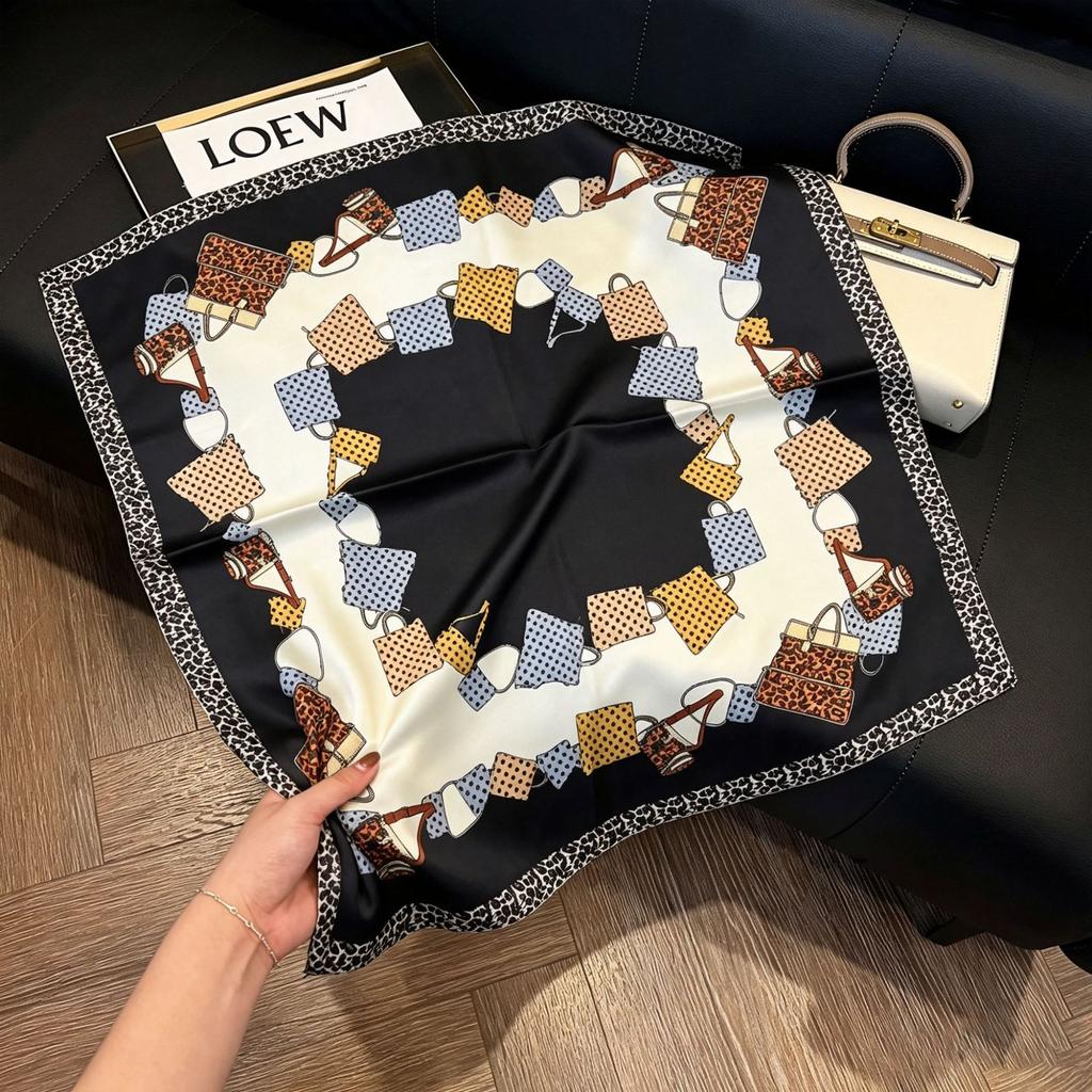 71Cm New Chinese Simulation Silk Square Scarf Soft and Skin-friendly Ink Flower Rhyme Printing Silk Scarf Neck Sunscreen Small Scarf