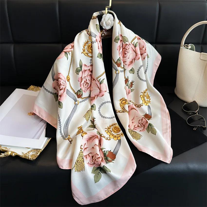 90*90cm Hair Scarf Women Shawls Fashion Beach Silk Scarves  Luxury Kerchief Popular Print Square Bandannas Foulard Headscarf