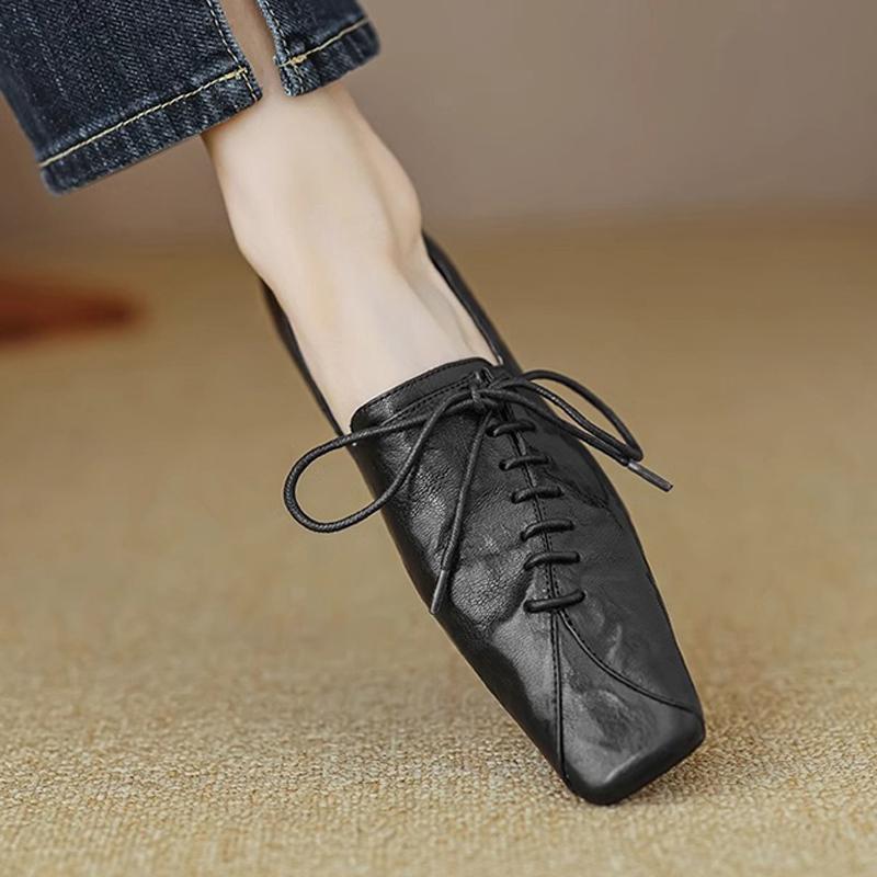 2025 Spring Autumn Vintage Women Shoes Elegant Shallow Square Toe Shoes Ladies Lace Up Single Shoes