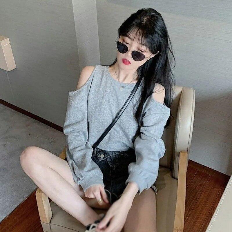 Vintage Off Shoulder Tshirts For Woman Long-Sleeved T-Shirt Women's 2020 Korean Round Neck Loose Solid Color All-Match