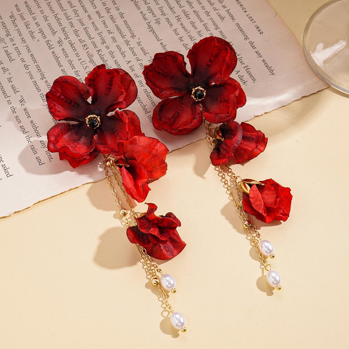 Exaggerated imitation pearl fabric flower fringed silver needle earrings unique earrings