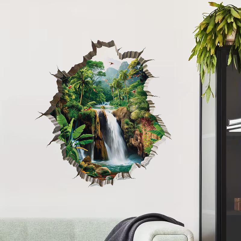 Breakwall 3D Tropical Rainforest Waterfall Wall Decal for Bath Wall Decoration - Landscape Sticker