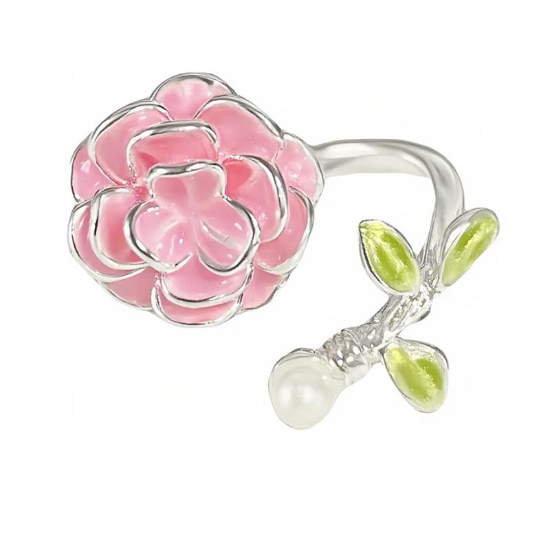 [Flower Rhyme Moe Set] Mori Pink Sweet Enamel Flower Opening Ring White Advanced Sense Stacked Ring Woman