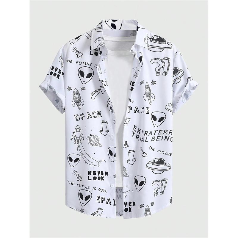 Rocket UFO Pattern Aloha Shirt for Men Women Artistic Abstraction 3D Printed Blouse Kid Short Sleeve Lapel Loose Hawaiian Shirts