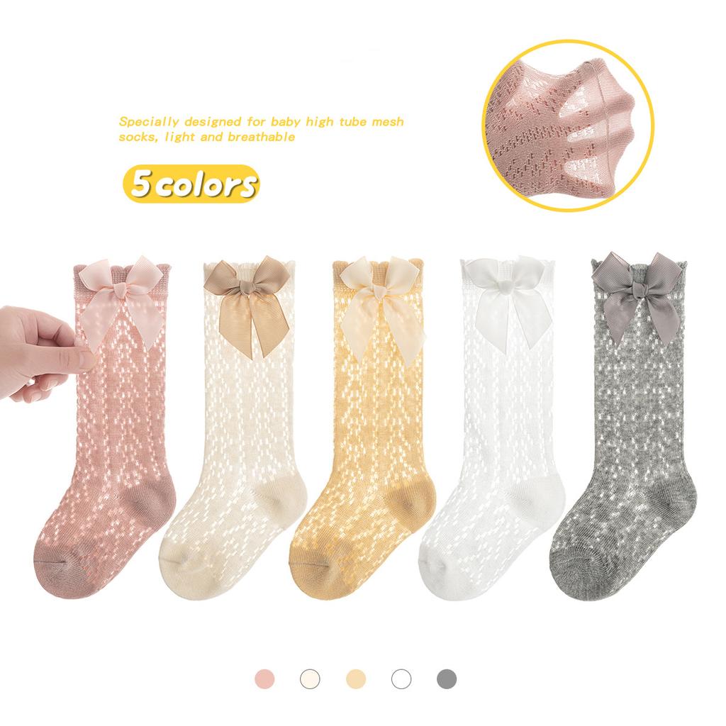 Baby Girl Socks Toddler Kid Girl Bow Cotton Mesh Socks Solid Breathable Infant Newborn Girl Long Tube Socks Stockings 0-3Y Years