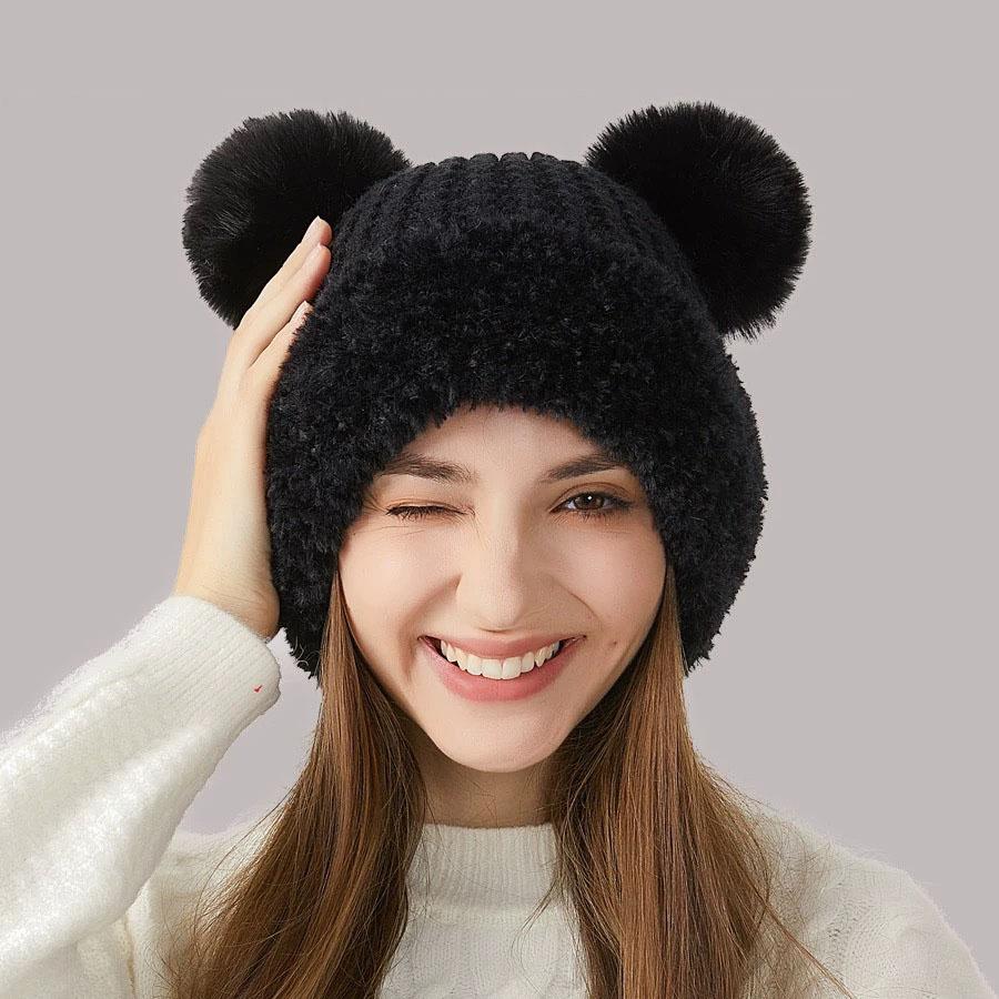 Urocza wełniana czapka z misiem dla dzieci, zimowa, gruba, pluszowa, ciepła, futrzana czapka jesienno-zimowa, duży obwód głowy, czapka dzianinowa