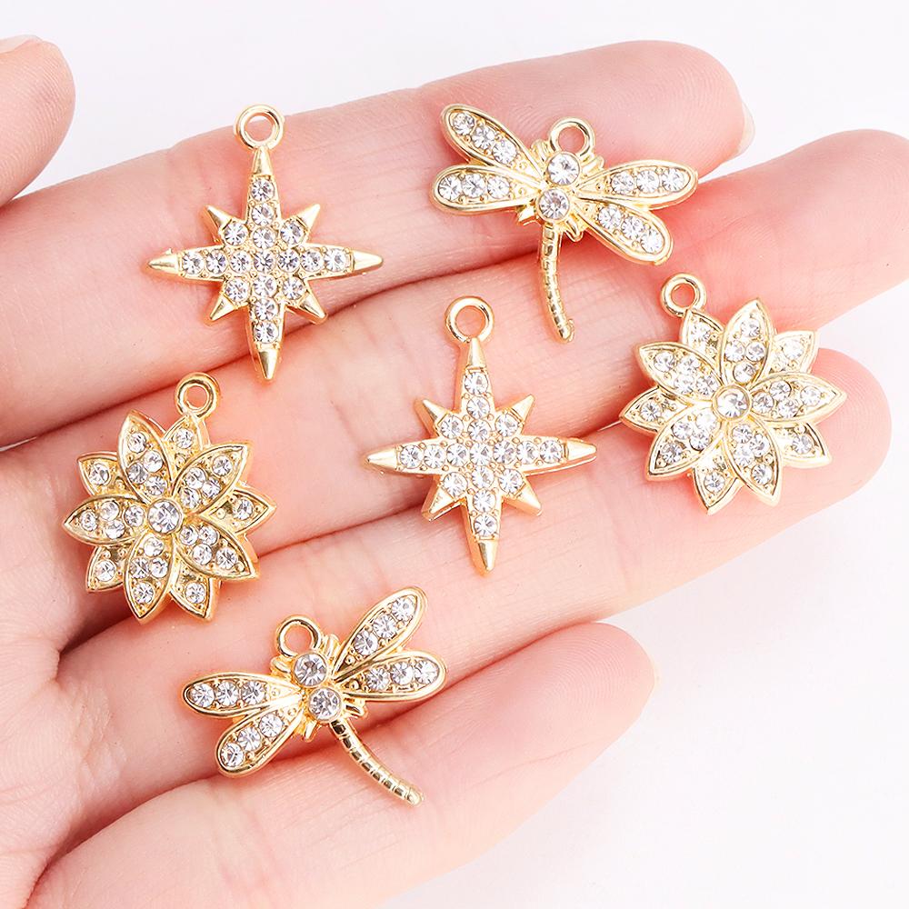 10Pcs Delicate Gold Color Zircon Flower Dragonfly Star Charms Pendants High Quality Diy Necklace Earrings Jewelry Accessories