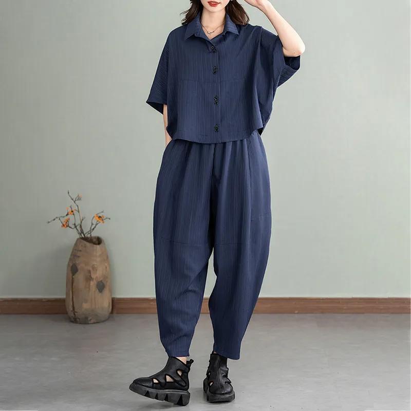 

Повседневный костюм, женская рубашка с короткими рукавами, модная, замедляющая старение, свободная, прикрывающая мясо блузка, куртка, шаровары, два предмета, лето M синий