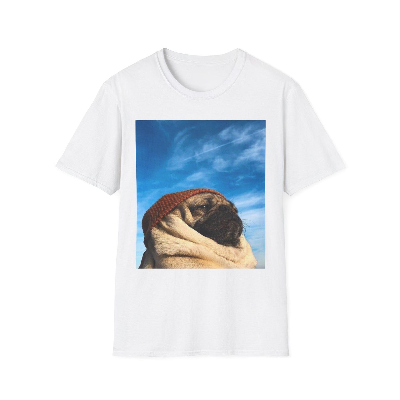Pug in Beanie T-Shirt | Pug Portrait Sky Background M