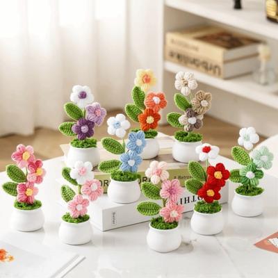 Handwoven Crochet Flower Potted Mini Artificial Flowers Pot Crochet Potted Rose Flower  Home Decor