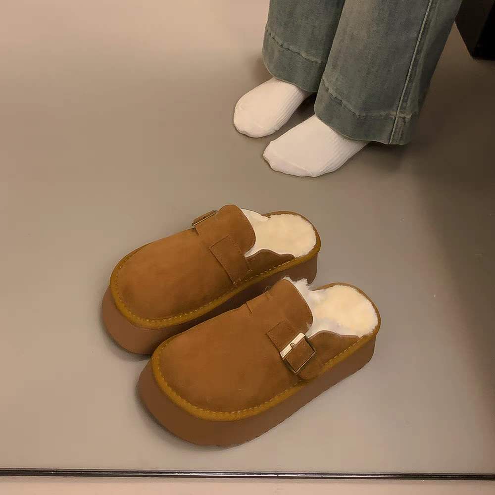 Thick-soled bag head hairy half slippers women's Birkenstocks 2025 new winter velvet warm Birkenstocks snow boots cotton shoes