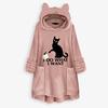 Women Fleece Embroidery Cat Ear Plus Size Hoodie Pocket Top Sweater Blouse