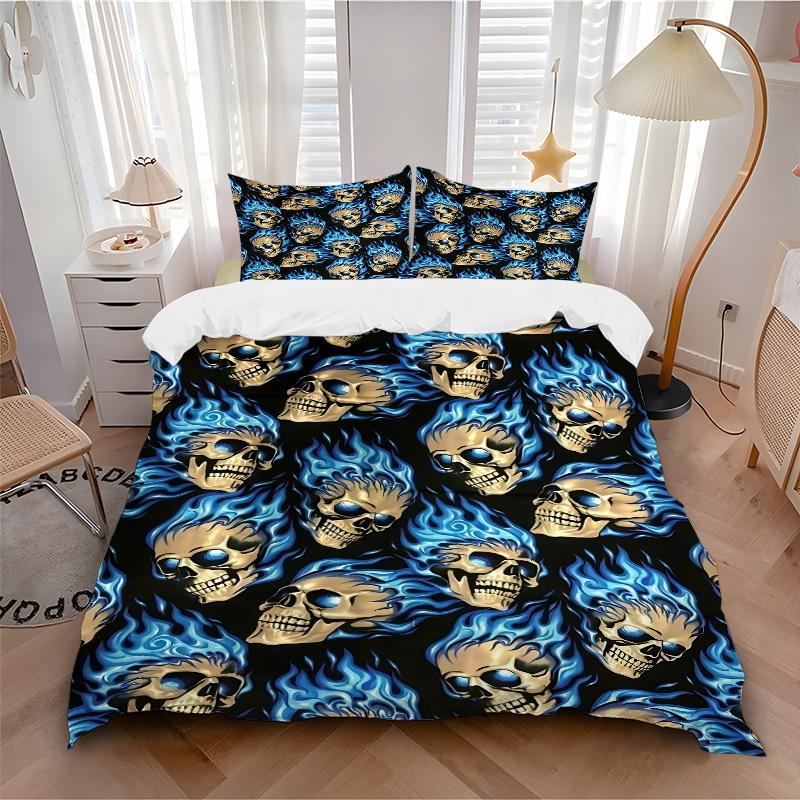 

3pcs bedding set Flame Skulls Includes 1 Comforter + 2 Pillowcases, Without Pillow Inserts, Soft Comfortable, Lightweight Breathable082 135x200cm