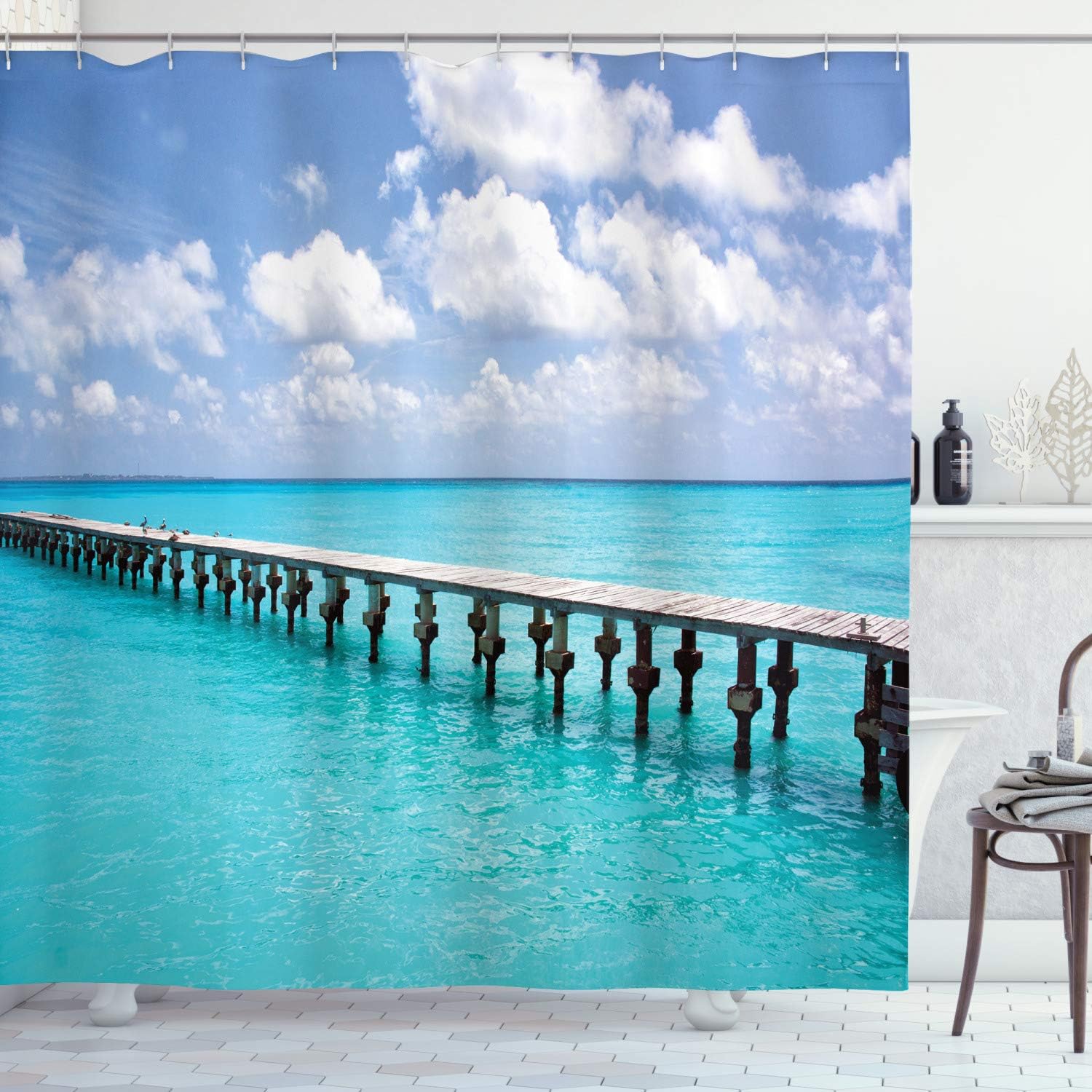 Dunika Chen White/Turquoise Beach Pier Shower Curtain With Hooks – Tropical Ocean View, Clear Water & Cloudy Sky, Coastal Decor