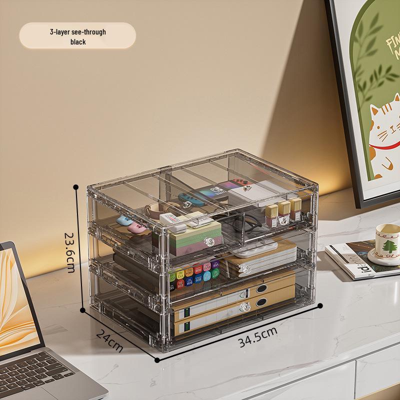 Desktop Storage Box with Drawer – Dustproof, Transparent Organizer for Dorm Desk and Office Stationery/Books/Documents