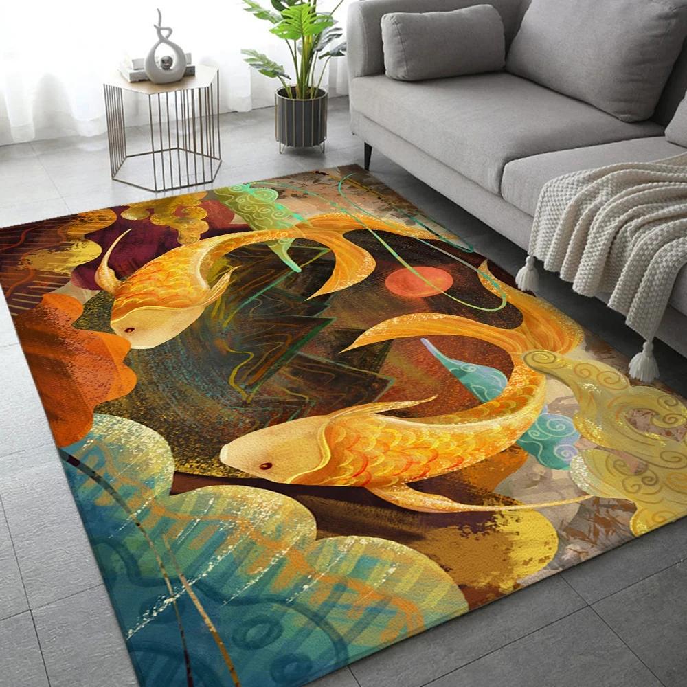Japanese Luxury Koi Fish Flowers Pattern Living Room Anti Slip Area Carpet Bathroom Mat Doormat Bedroom Outdoor Mat Home Decor
