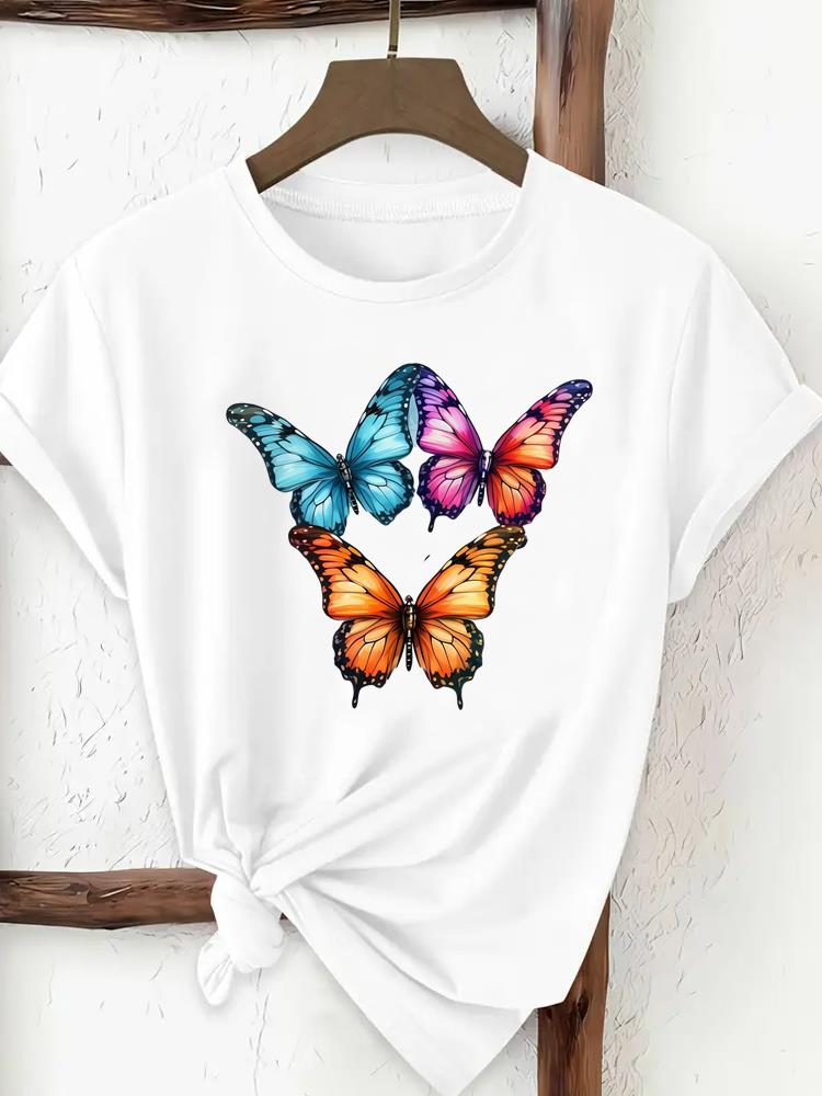 (Asian Size) Print Tee Top Women Woman Fashion Clothing T Shirt  Female Sweet Butterfly Style Short Sleeve Graphic T-shirts