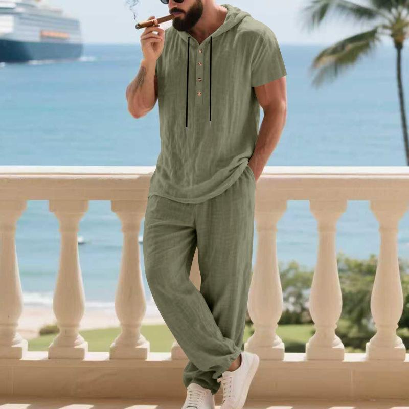 Men'S Casual Linen Hooded Shirt and Pants Set | Short Sleeve, Drawstring Waist, Non-Stretch, Solid White, Vacation Homewear with Woven Texture