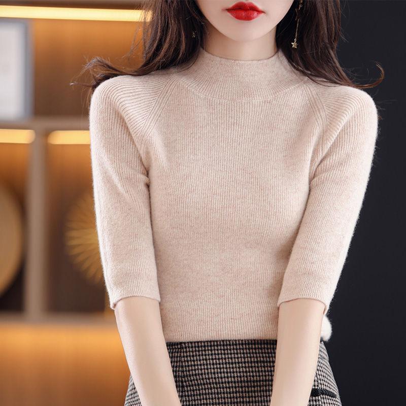 

Вязаный свитер с коротким рукавом, женская полуводолазка, короткая свободная футболка с коротким рукавом, универсальная трикотажная нижняя рубашка L