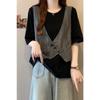Fake Two-piece Short Sleeved T-shirt Women New Summer Slim Irregular Regular Shoulder Spliced Top