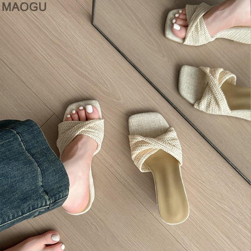 Wedges Heel Women's Fashion Slippers Square Toe Slip On Platform Shoes Pantuflas Mujer Ladies Elegant Casual Slides Beige Brown