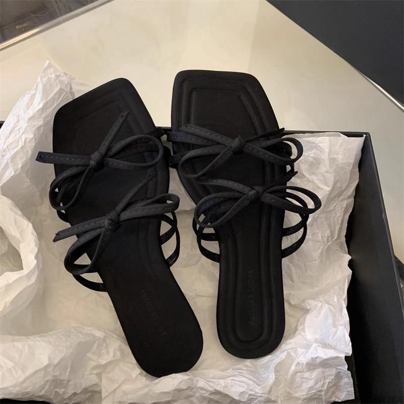 Fashion SUOJIALUN 2025 Summer New Brand Women Slipper Fashion Bow-knot Square Toe Slip On Ladies Slides Shoes Flat Heel Beach Sandal Sho