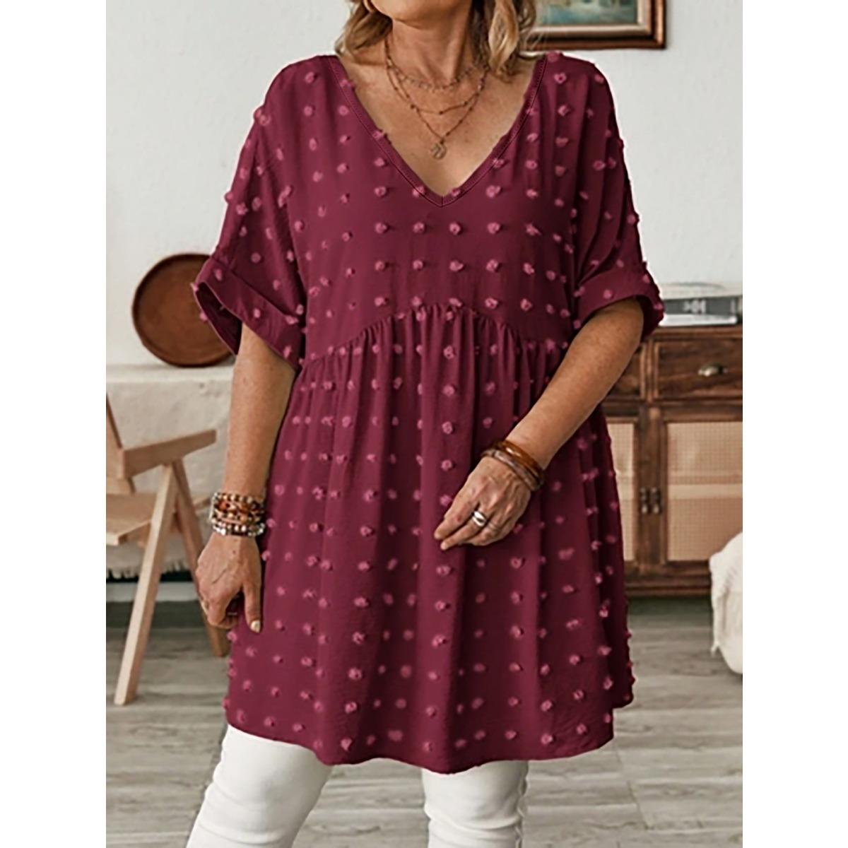 

Plus Size Women 2 Piece Outfits, Elegant V Neck Loose Top + Pom Pom Decor A-line Skirt Set, European American Style Casual Wear 2XL бордовий