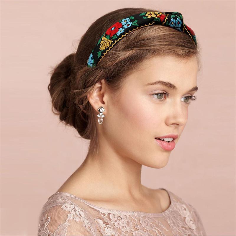 Pretty Boho Floral Embroidery Tape Headband for Lady Girls Shopping Party Headpiece Top Bow Knot Hairband for Women Head Wears