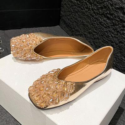 Fashion Gold/Silver Flats Woman Bridal Wedding Shoes Spring Square Toe Ballets Ladies Party Dress Shallow Loafers Rhinestone Moccasines