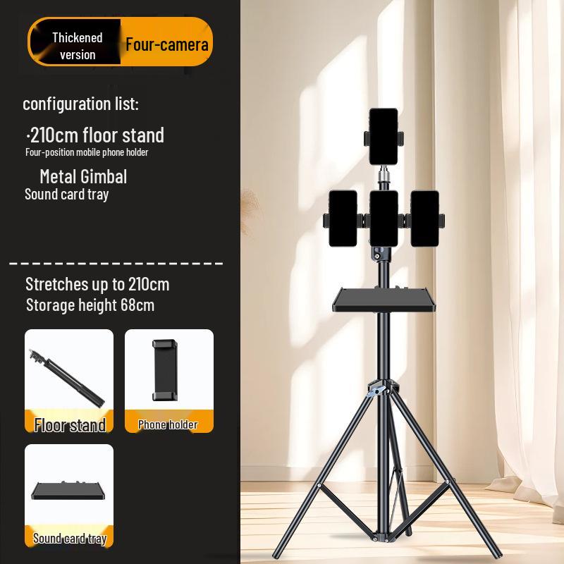 Dual-Position Carbon Steel Phone Stand with Fill Light for Outdoor Streaming